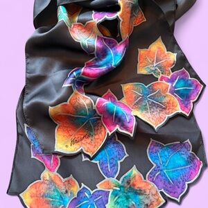 1990s Rainbow Leaves Batik Silk Scarf